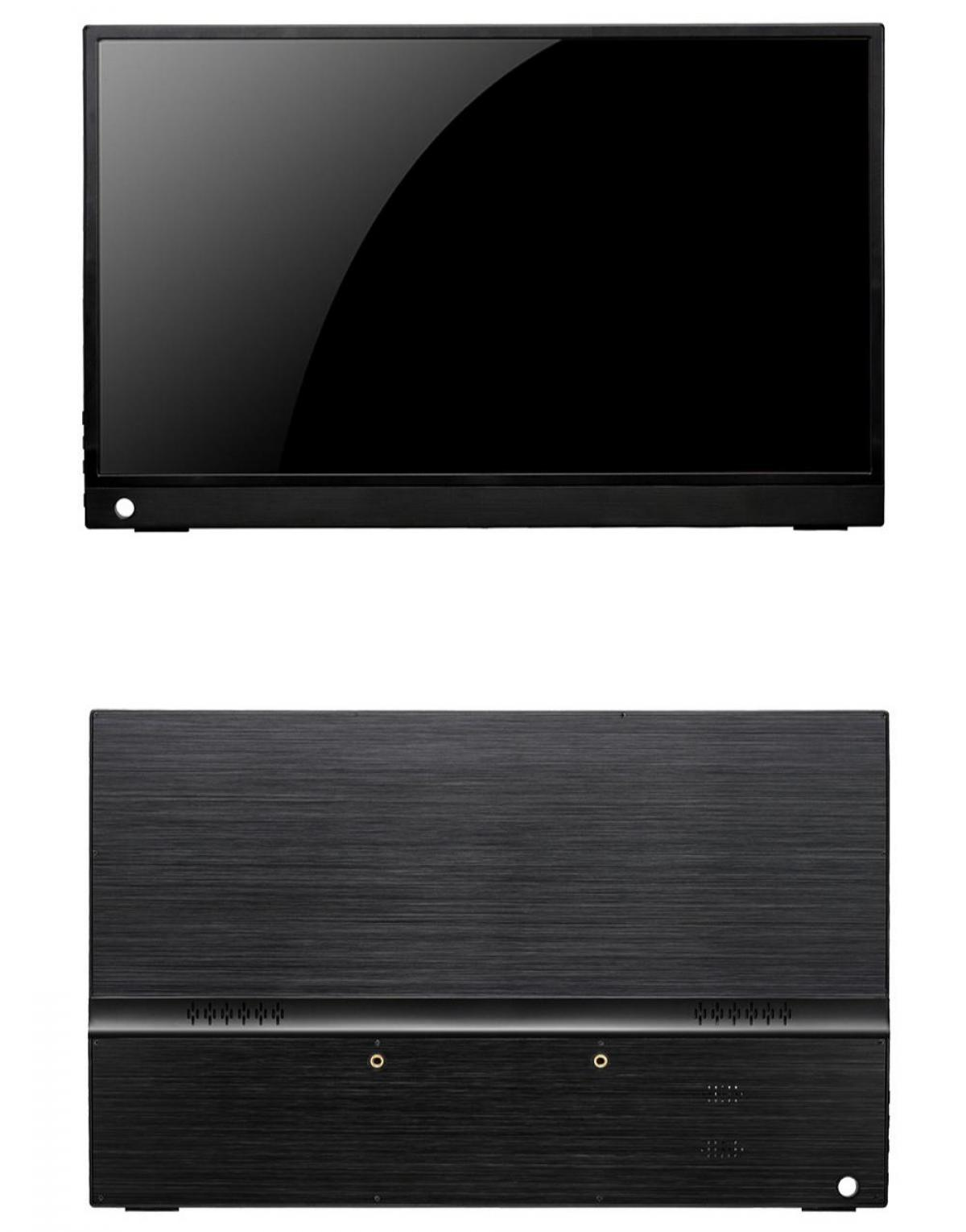 Vorder- und Rückansicht eines schlanken schwarzen Monitors mit metallischem Gehäuse.