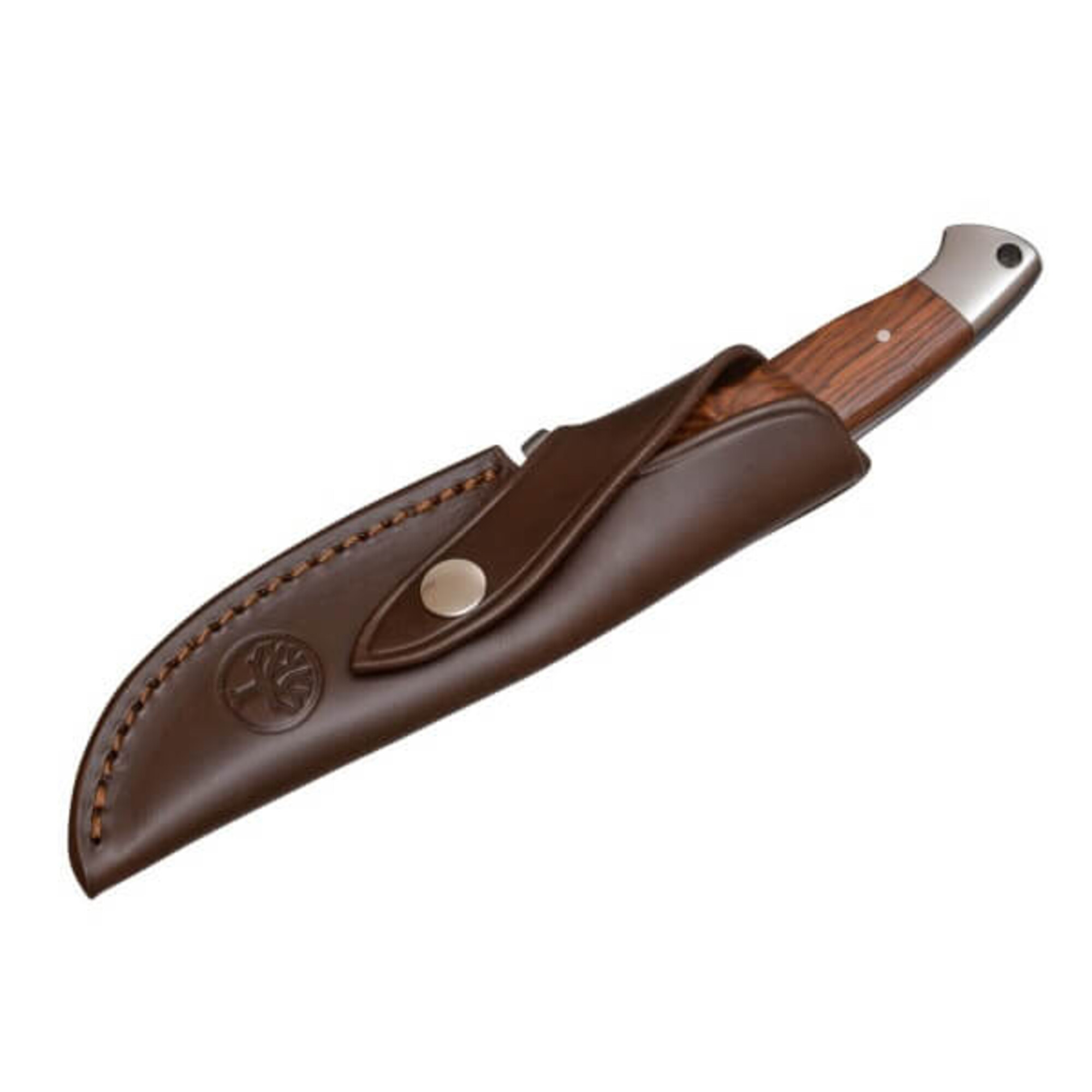 Ein Jagdmesser mit Holzgriff und brauner Lederscheide.