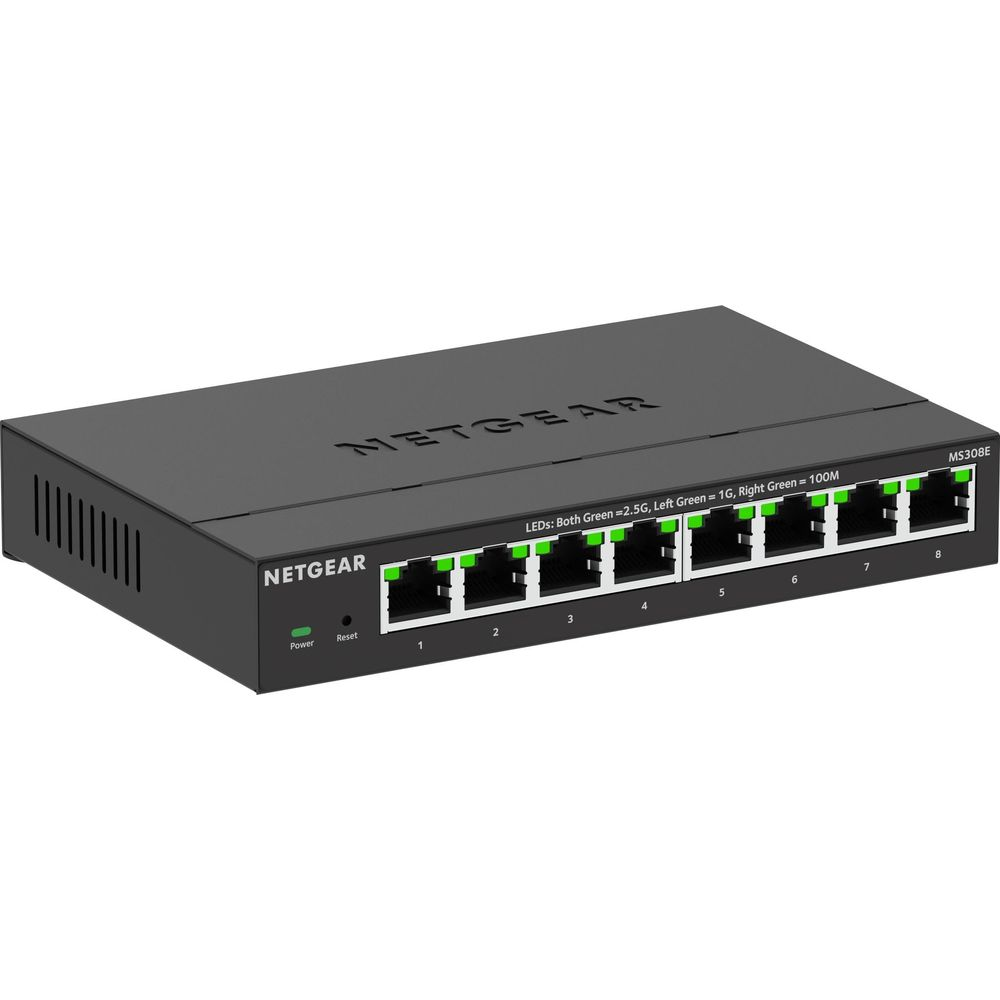Ein schwarzer Netgear MS308E 8-Port Switch mit grünen LEDs.