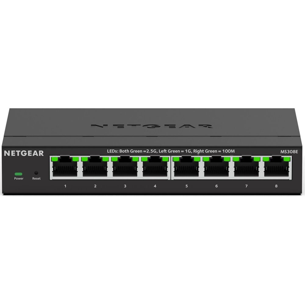 Schwarzer NETGEAR MS308E 8-Port Switch mit Netzteil- und Reset-Knopf.