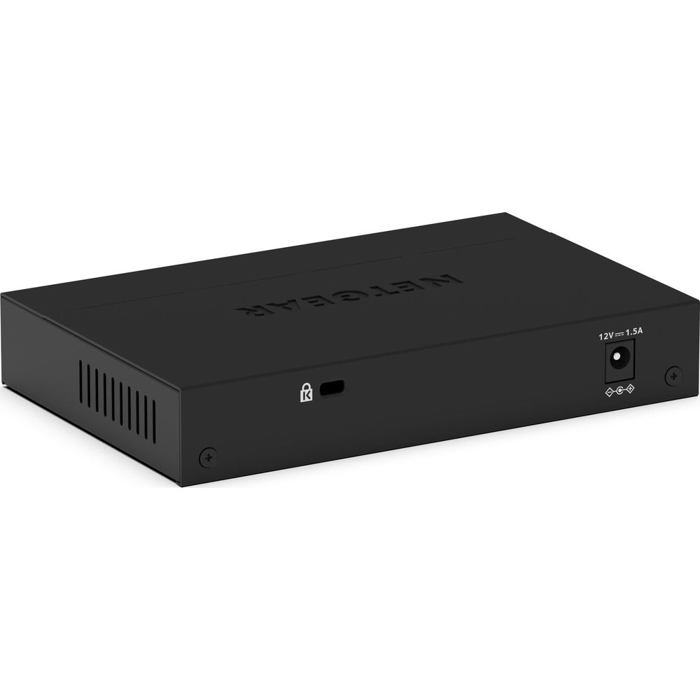Ein schwarzer NETGEAR Netzwerk-Switch mit Stromanschluss und Schlosssymbol.