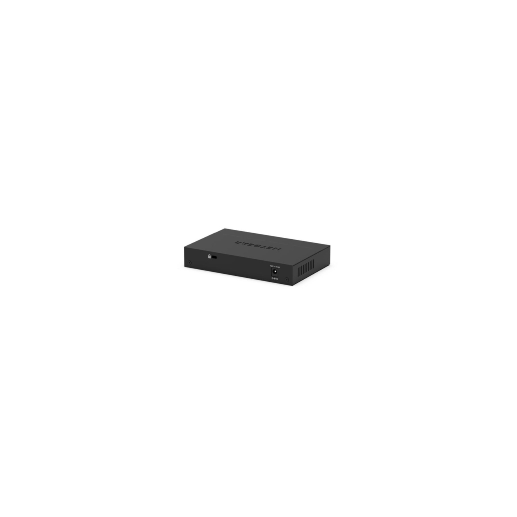 Ein schwarzer Netgear-Netzwerk-Switch mit Lüftungsschlitzen und Anschlüssen.