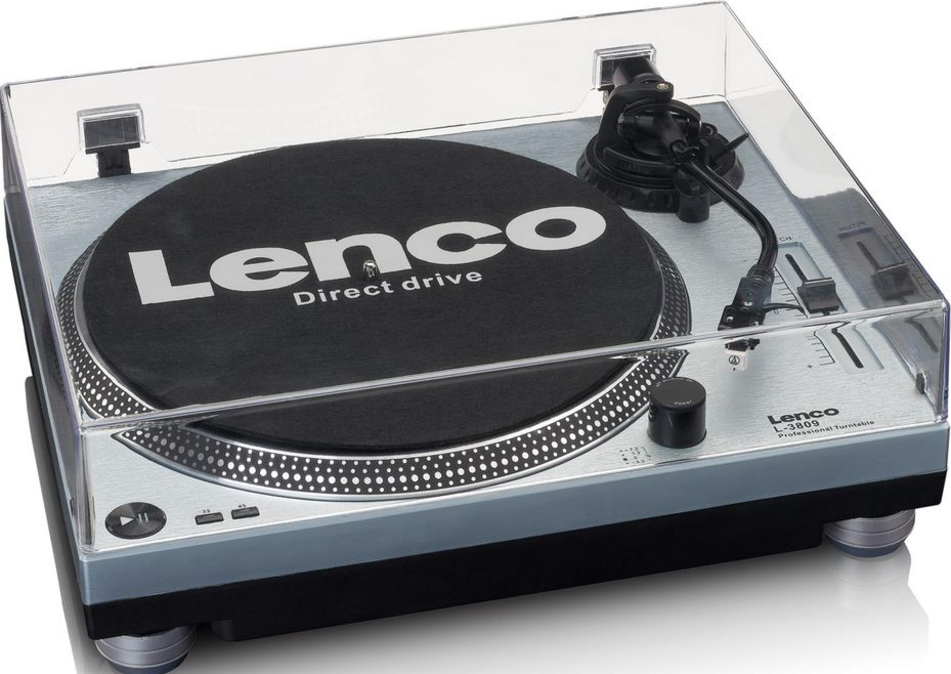 Profesjonalny gramofon Lenco L-3809 z czarnym talerzem i ramieniem.