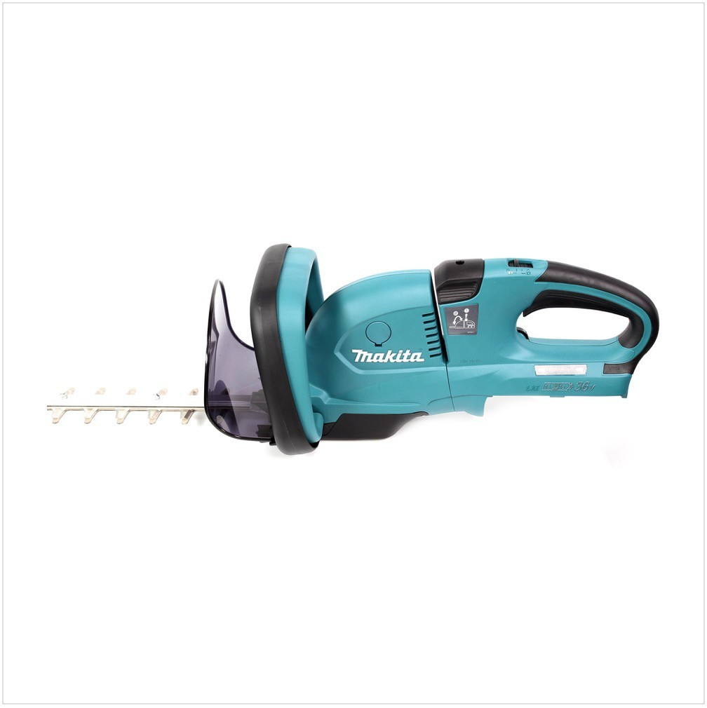 Taille-haie Makita turquoise avec poignée noire et protège-lame.