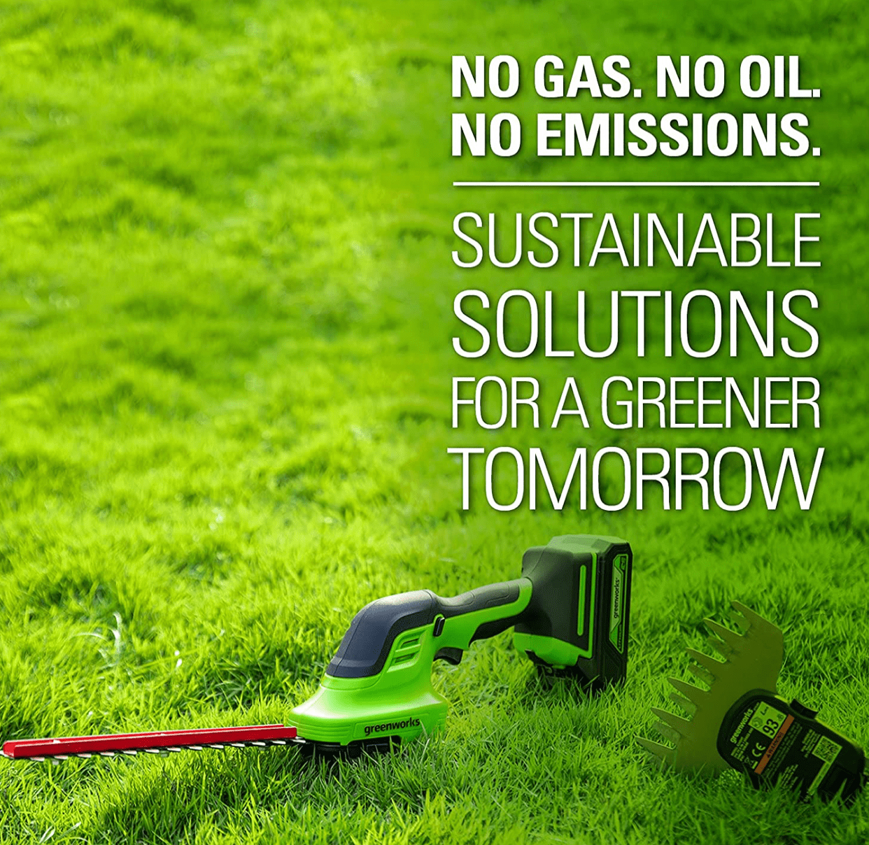 Zielone nożyce do żywopłotu i grabie na bujnej zielonej trawie. Tekst: Bez gazu, bez oleju.