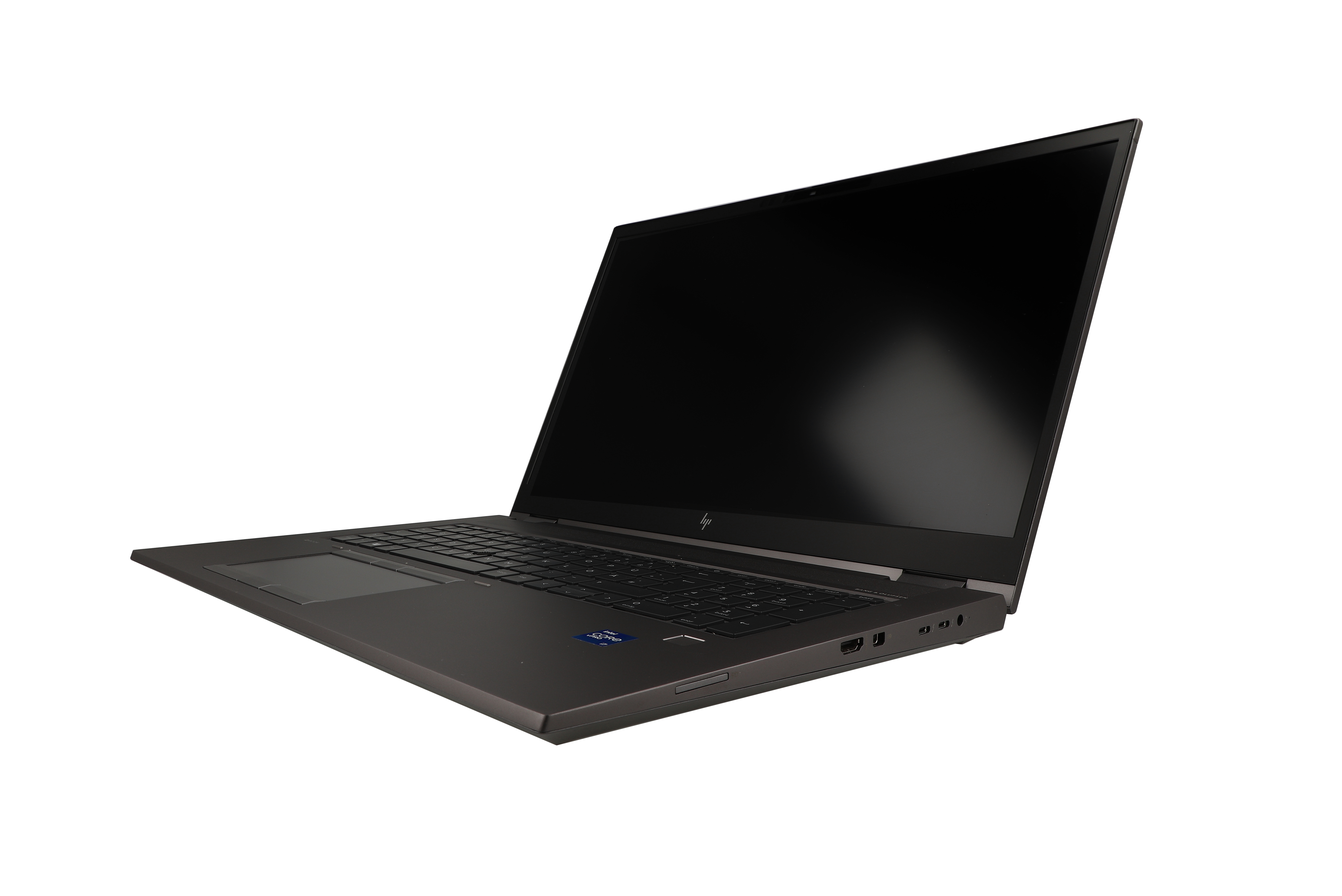 Ein dunkles HP Laptop mit Tastatur, Touchpad und HDMI-Anschluss.