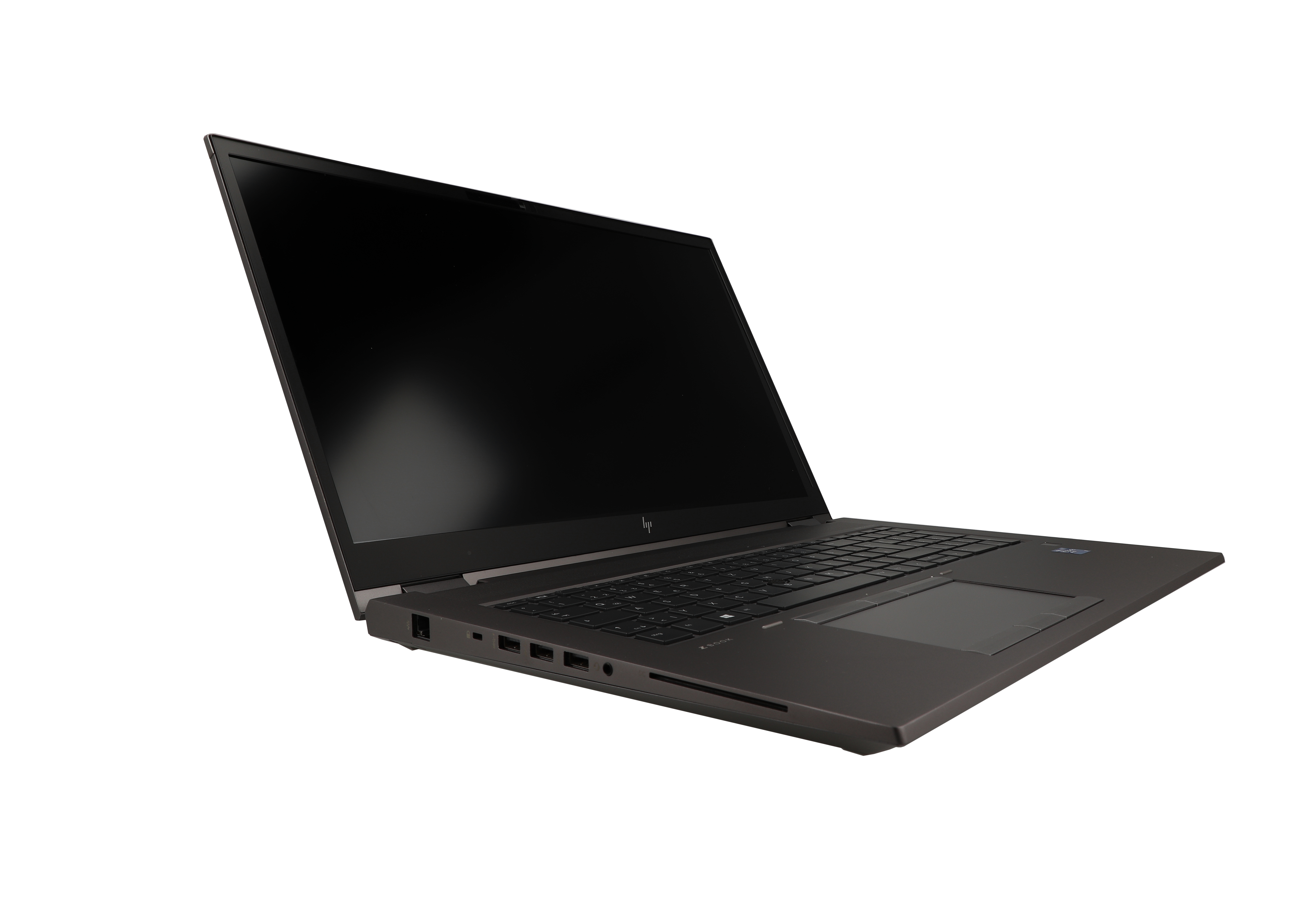 Ein offener grauer HP Laptop mit dunklem Bildschirm und Tastatur.