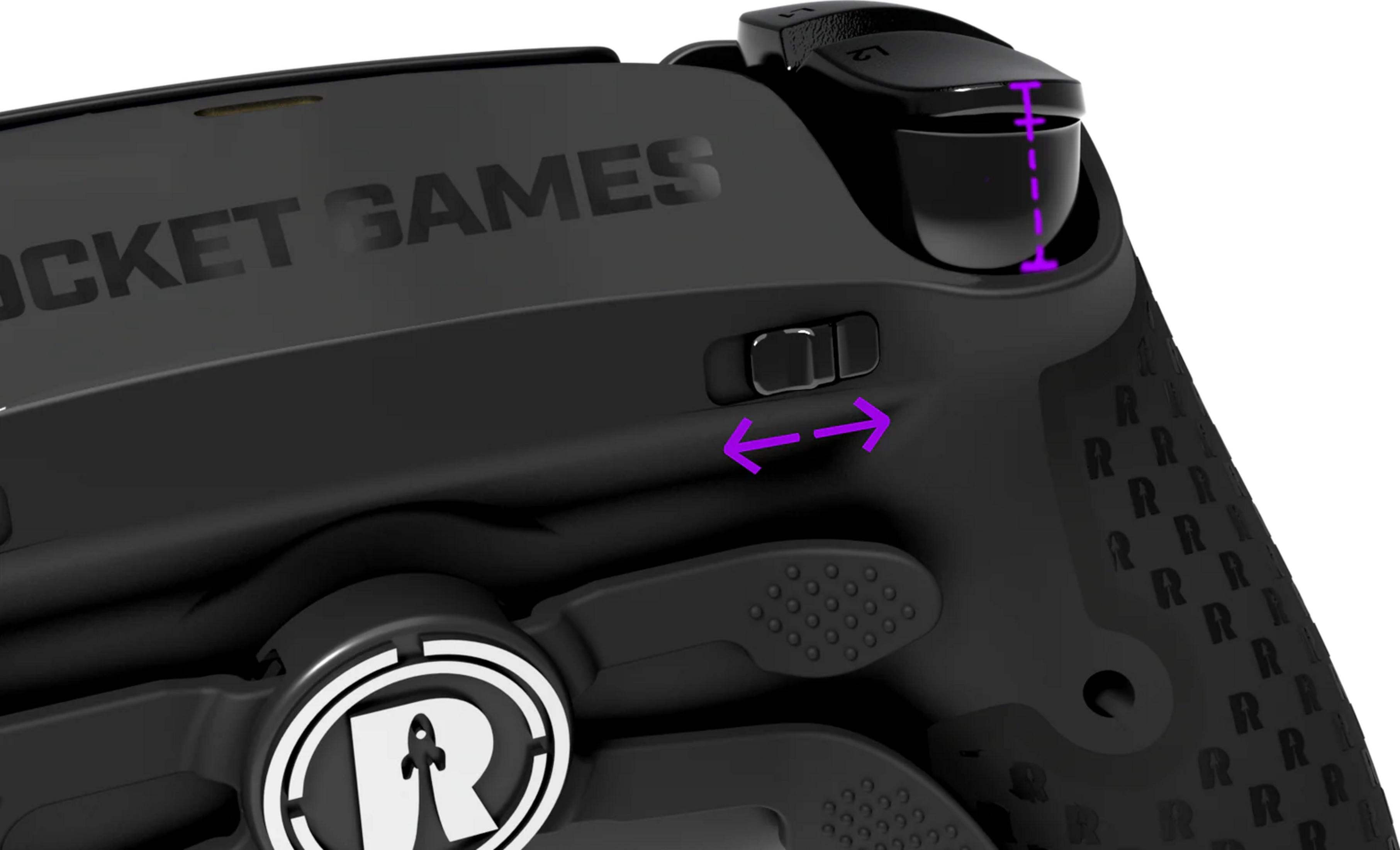 Nahaufnahme eines schwarzen Controllers mit Markierungen für Maße und Pfeile.