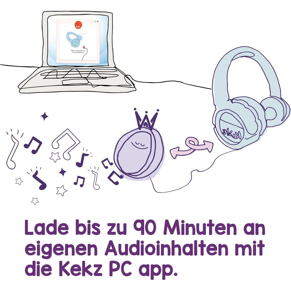Laptop verbindet sich mit Kopfhörern, Audio-Symbole und eine Krone.