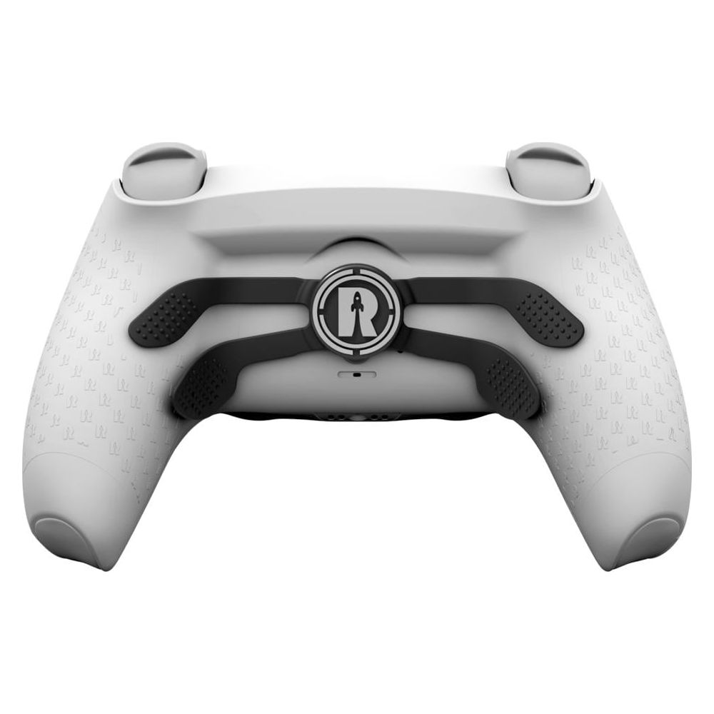 Ein weißer Gaming-Controller mit schwarzen Griffen und einem R-Logo.