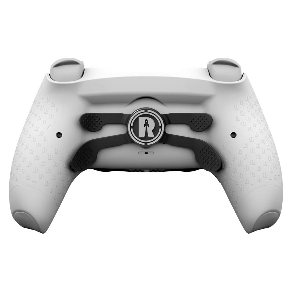 Weiße Controller-Rückseite mit schwarzem Logo und Griffen.