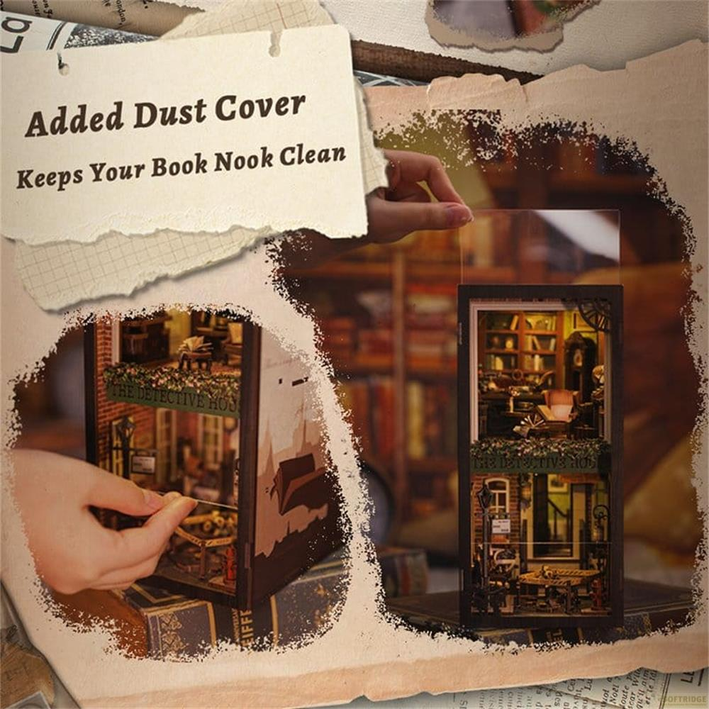 Un coin livre miniature avec intérieur détaillé et une housse anti-poussière.