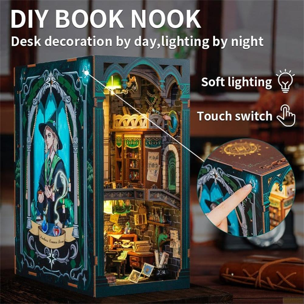 Coin livre DIY sur le thème des sorciers, avec éclairage doux et interrupteur tactile.