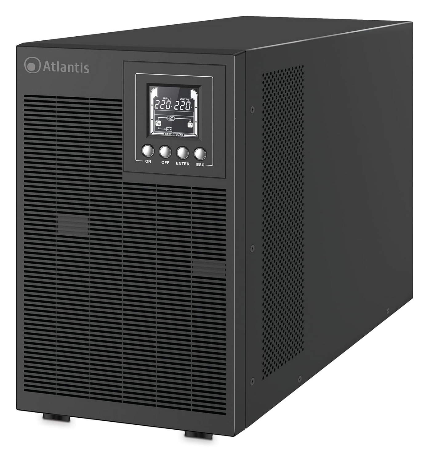 UPS Atlantis nero con display che mostra 220V in/out. Ventilato.