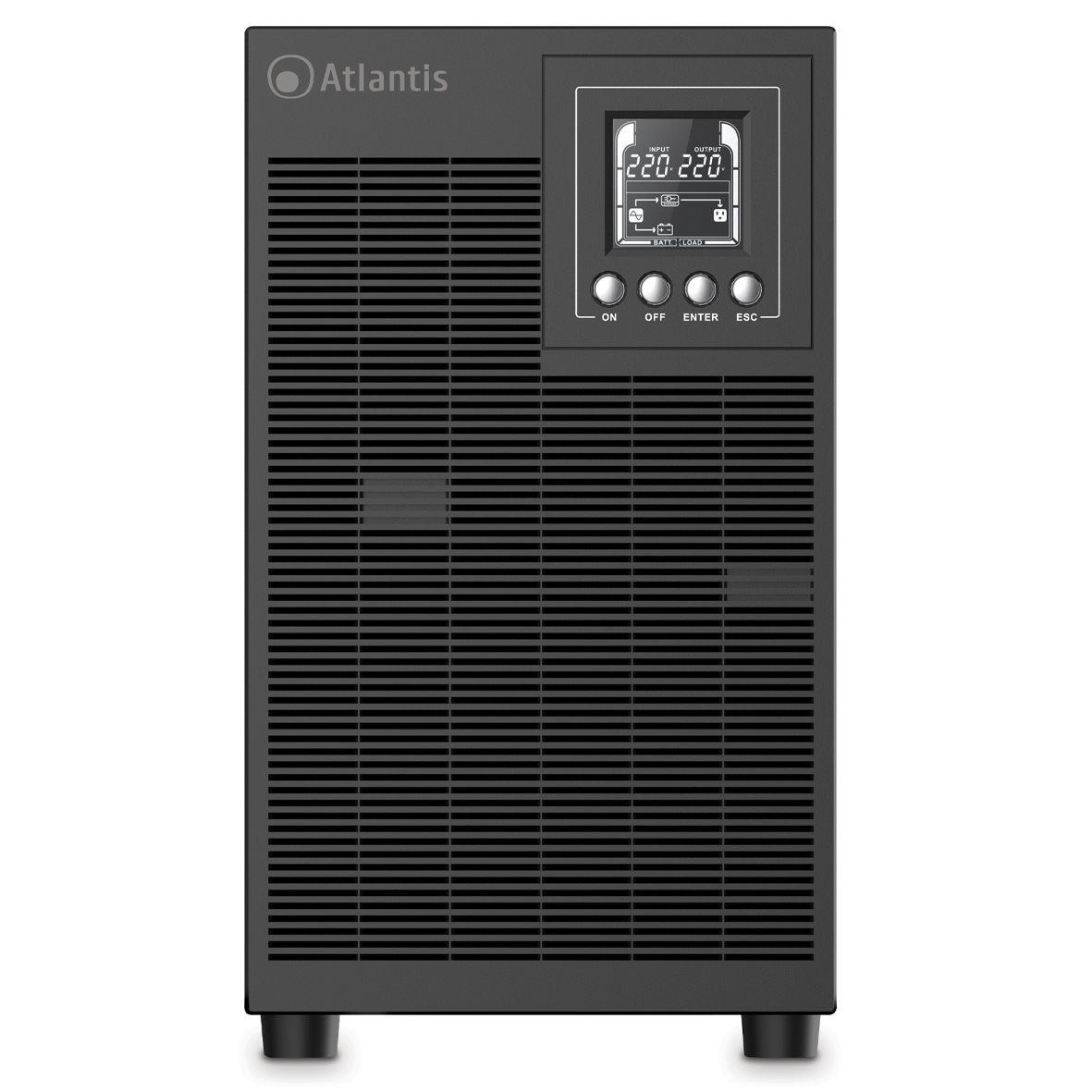 Un'unità UPS Atlantis nera con display digitale e pulsanti.