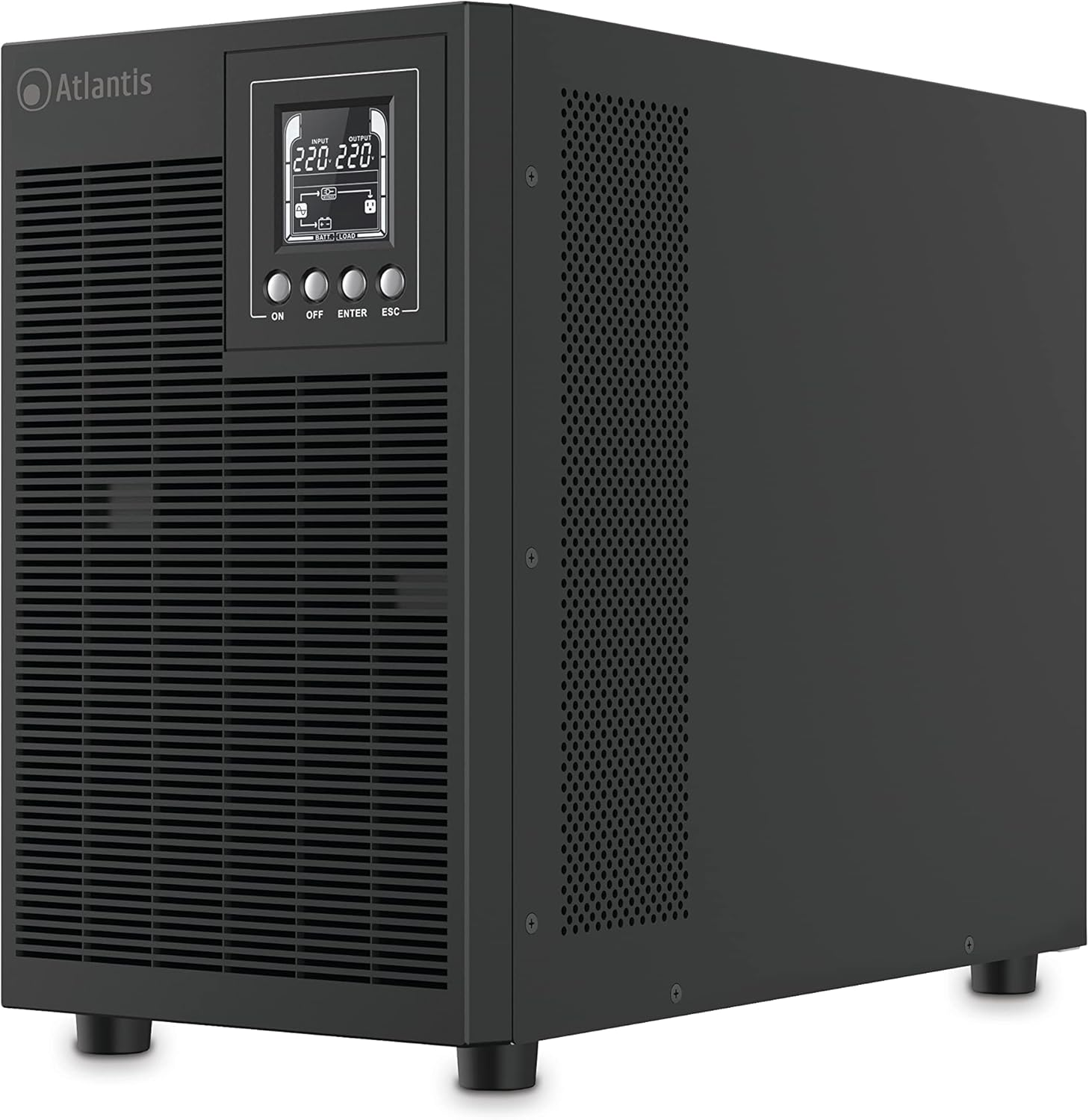 Unità UPS Atlantis nera con display LCD e pulsanti frontali.