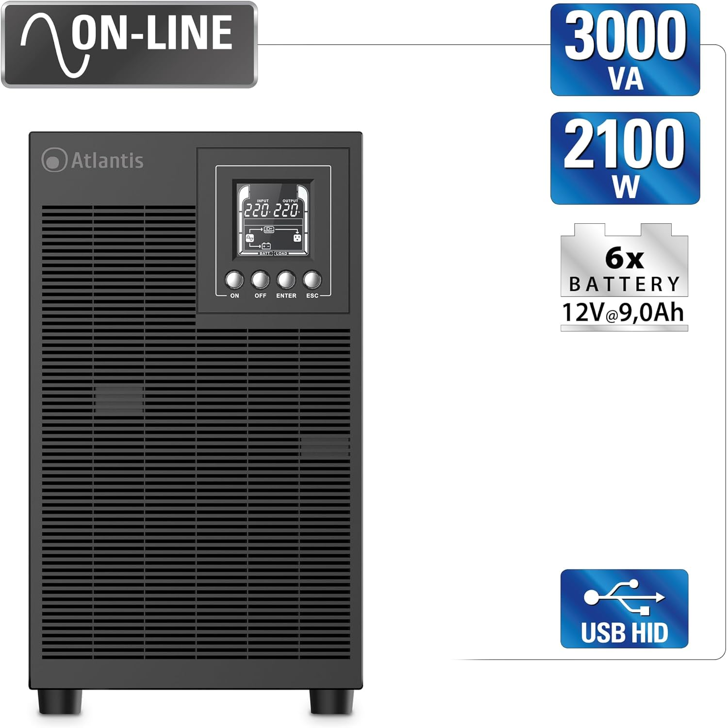 Gruppo di continuità Atlantis nero con display, 3000VA/2100W, 6x batterie 12V/9Ah.