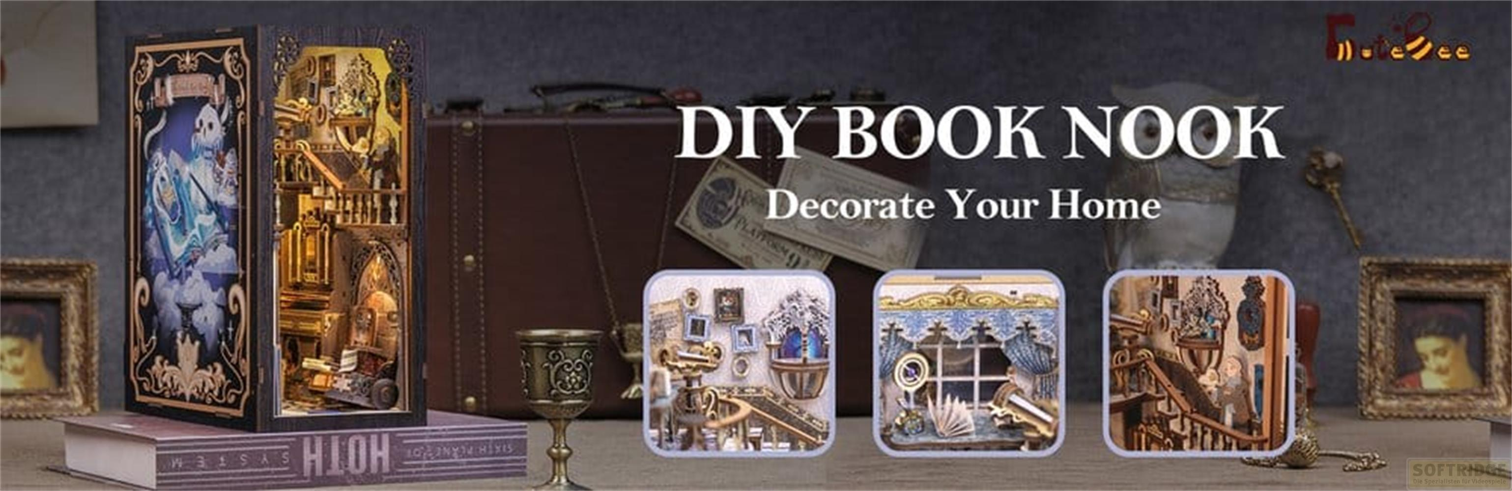 Coin livre DIY avec valise vintage et décorations. Comprend des scènes miniatures.