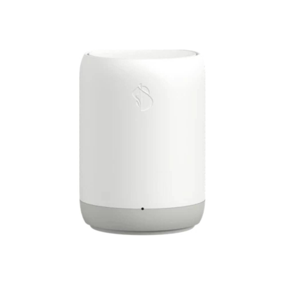 Un haut-parleur cylindrique blanc avec une base grise et un logo.