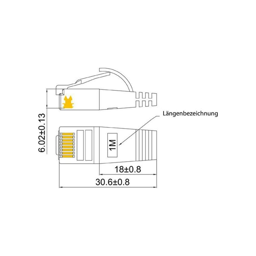 Dessin technique d'un connecteur RJ45 avec dimensions et étiquettes.