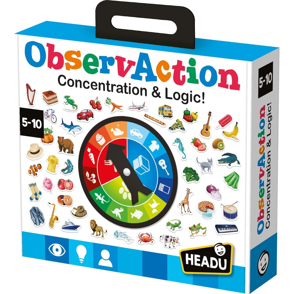 Brettspiel-Box mit bunten Bildern von Tieren, Objekten und einem Drehrad.
