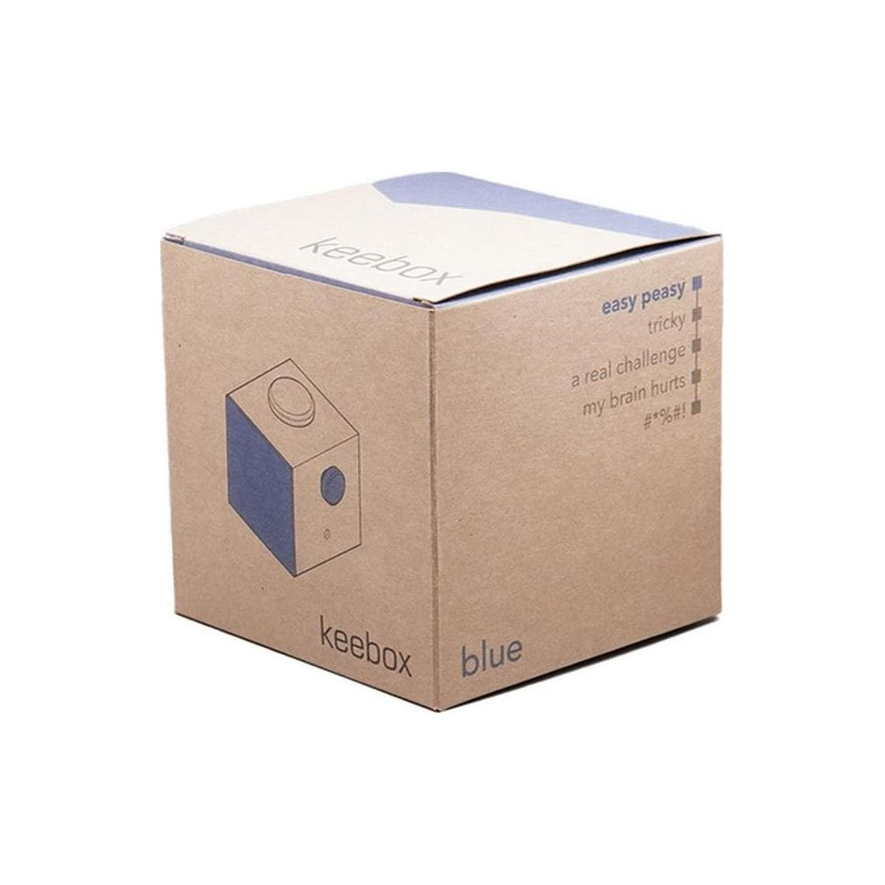 Scatola marrone con testo blu 'keebox blue' e illustrazione di cubo.
