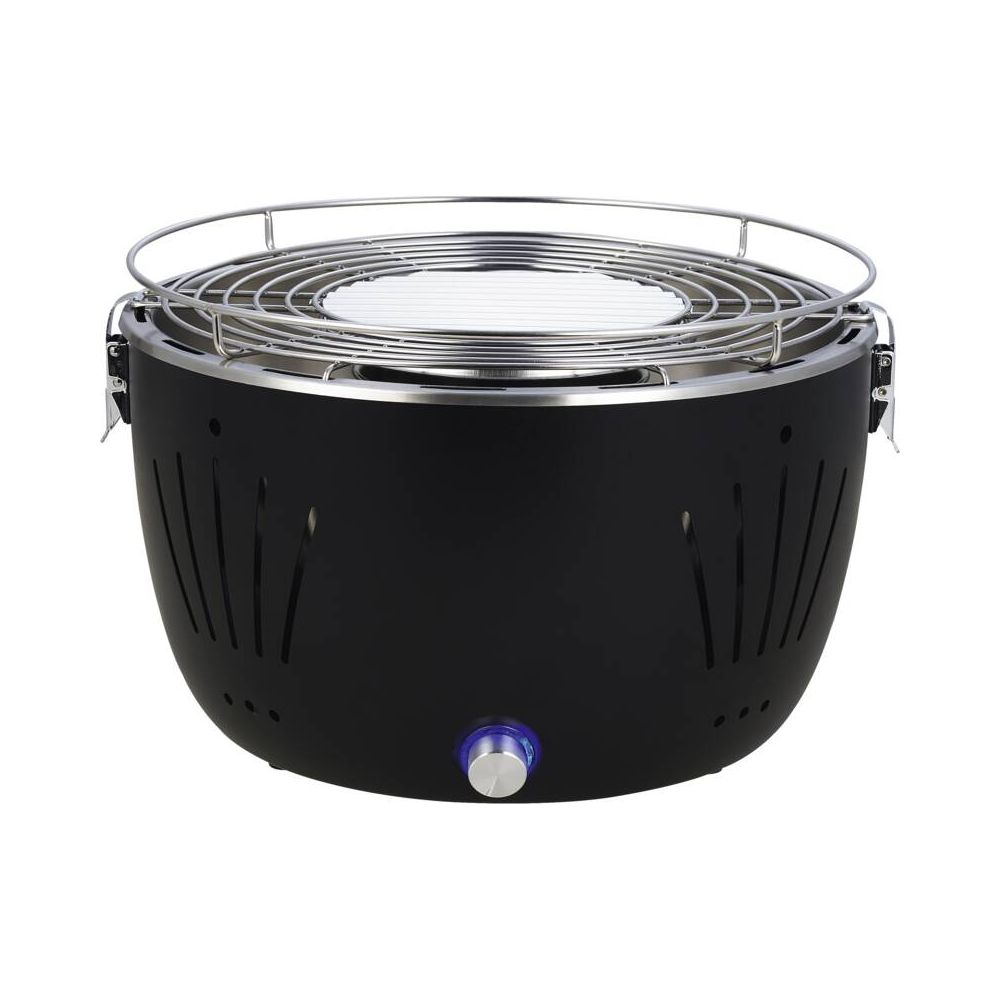 Griglia nera con grata argentata e manopola illuminata di blu.