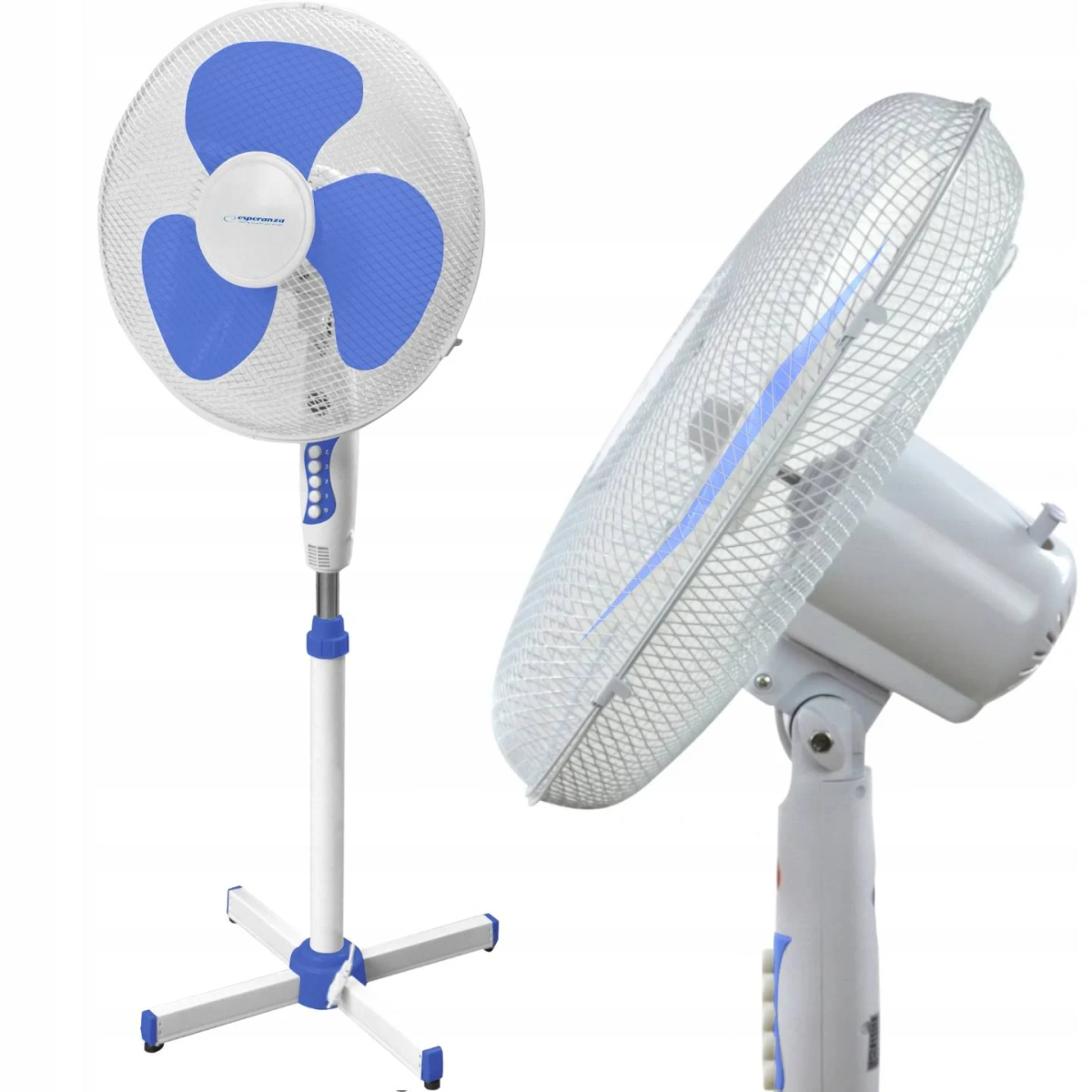 Biały wentylator stojący z niebieskimi łopatkami i srebrną kratką ochronną.