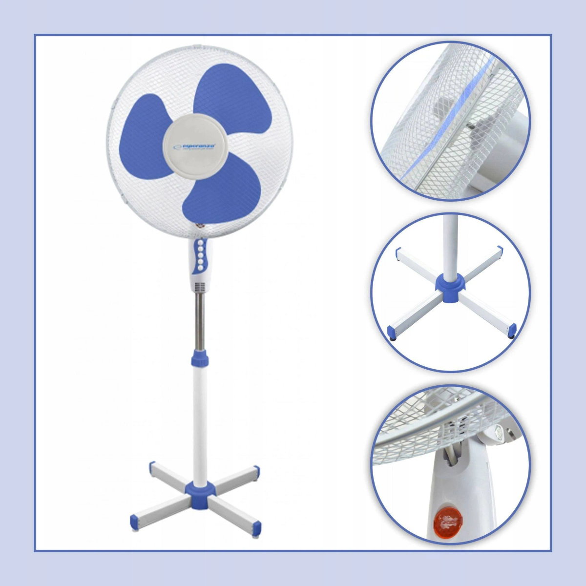 Biały wentylator stojący z niebieskimi akcentami i trzema łopatkami.