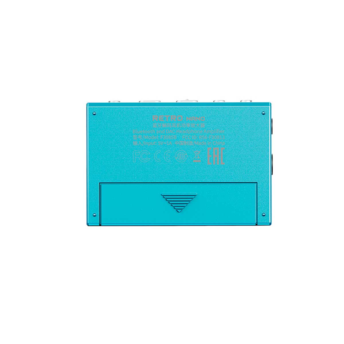 Amplificador de auriculares DAC Bluetooth color verde azulado con texto y compartimento.