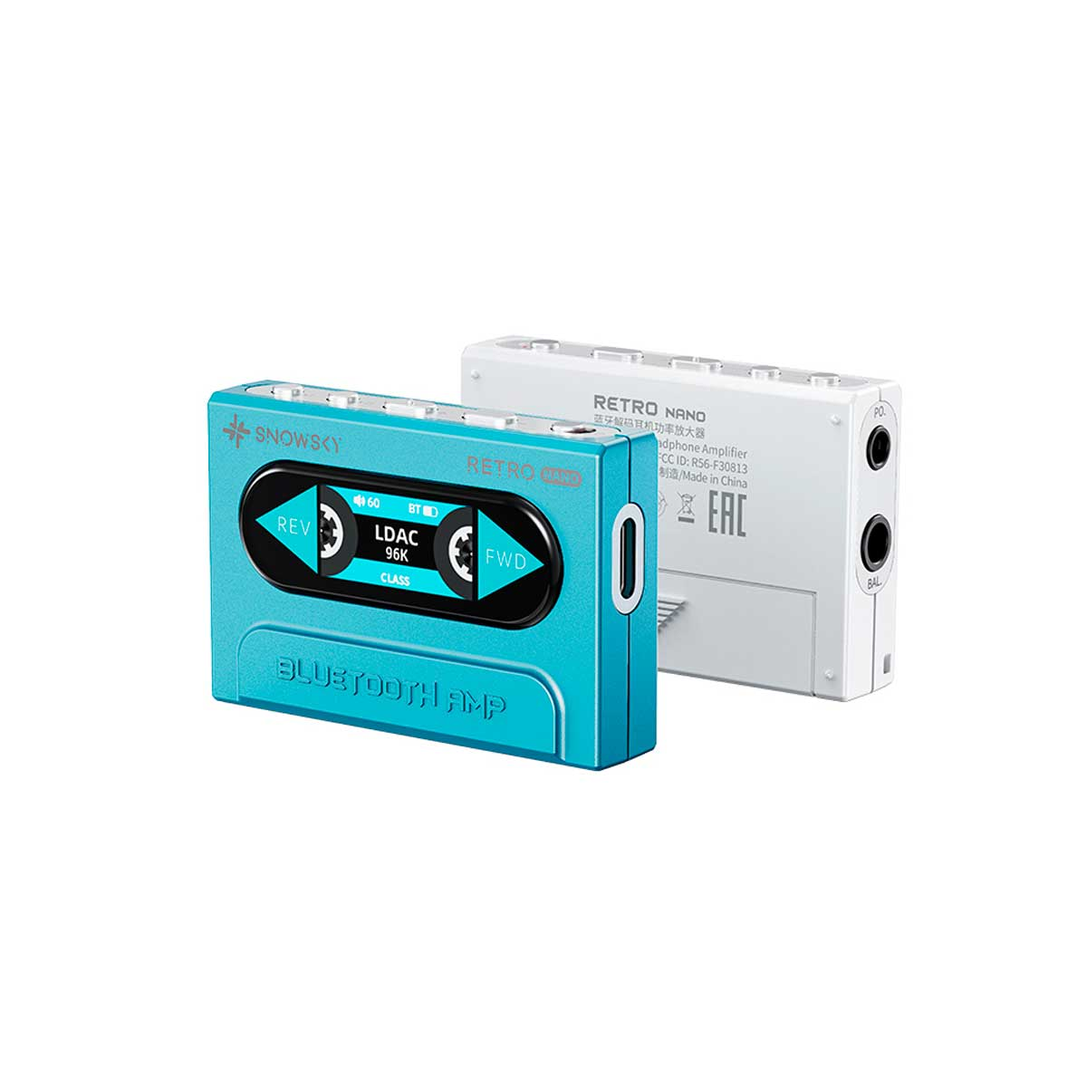Un amplificador Bluetooth azul y blanco uno al lado del otro.