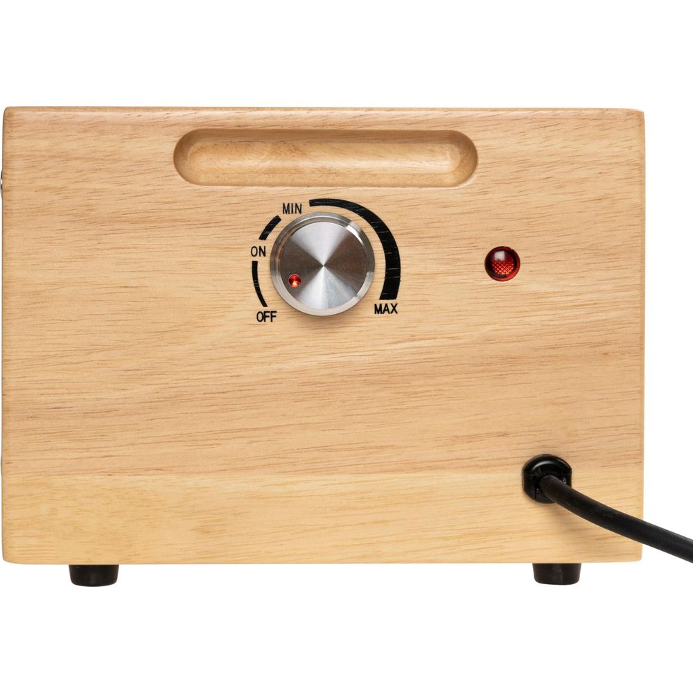 Holzgehäuse mit Drehknopf für Min/Max, Ein/Aus, roter Leuchte und schwarzem Kabel.