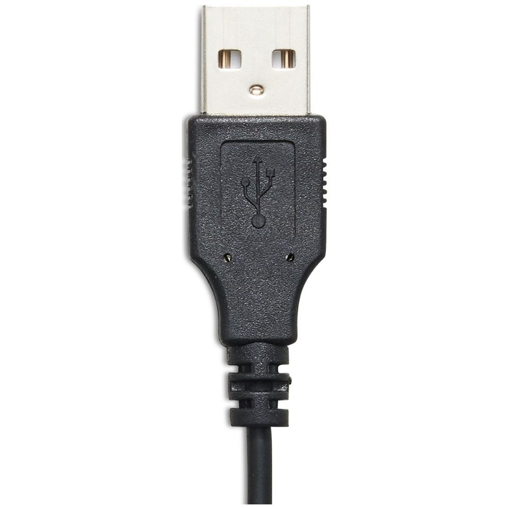 Nahaufnahme eines schwarzen USB-Kabels mit silbernem Stecker und USB-Symbol.