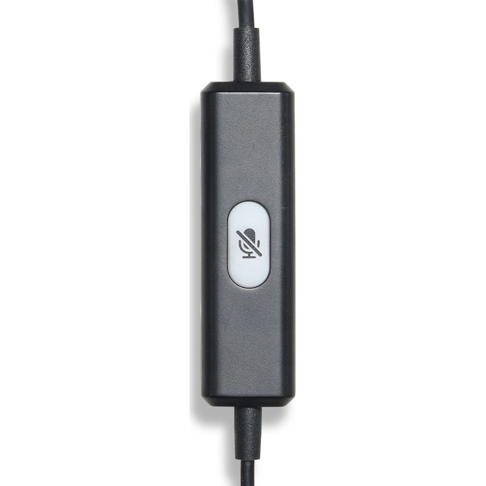 Grauer Schalter mit Stummschaltsymbol, an schwarzem Kabel.
