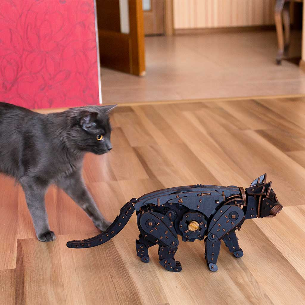 Eine graue Katze betrachtet ein mechanisches Katzenmodell auf einem Holzboden.