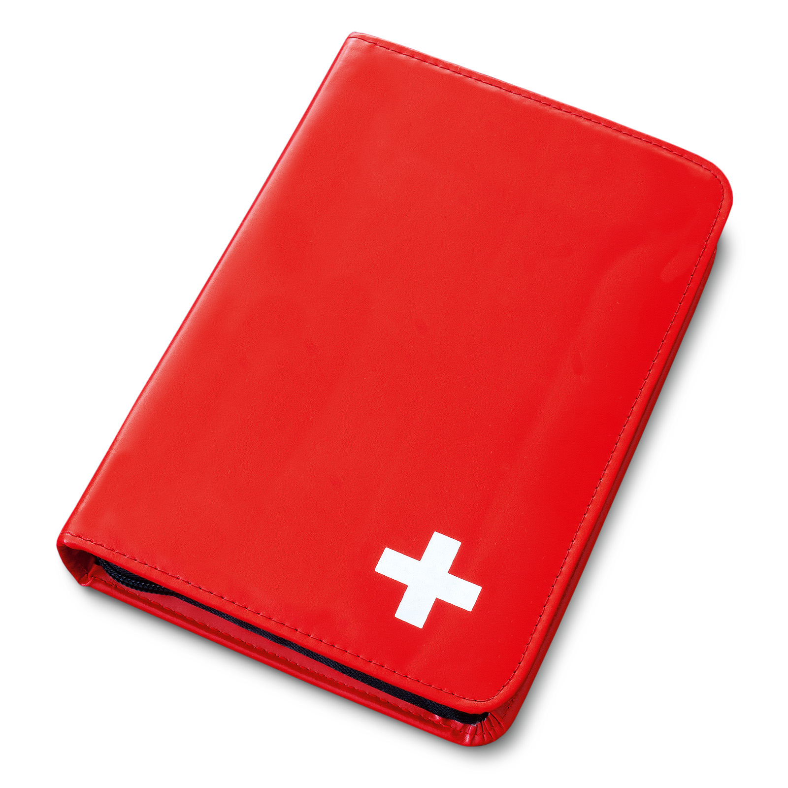 Une trousse de premiers secours rouge avec une croix blanche sur fond blanc.