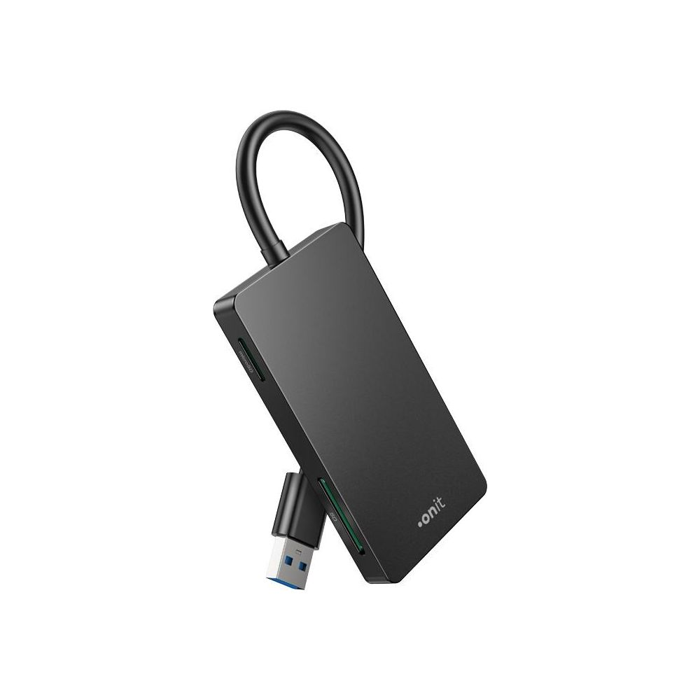 Ein schwarzes USB-C-Hub mit zwei Steckplätzen und einem integrierten Kabel.