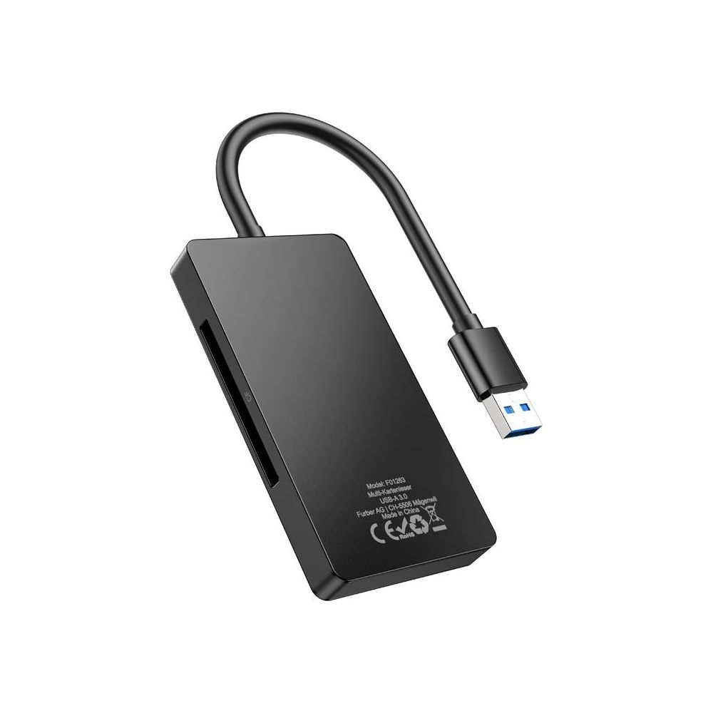 Schwarzer USB-Kartenleser mit Kabel und USB-A 3.0 Anschluss.