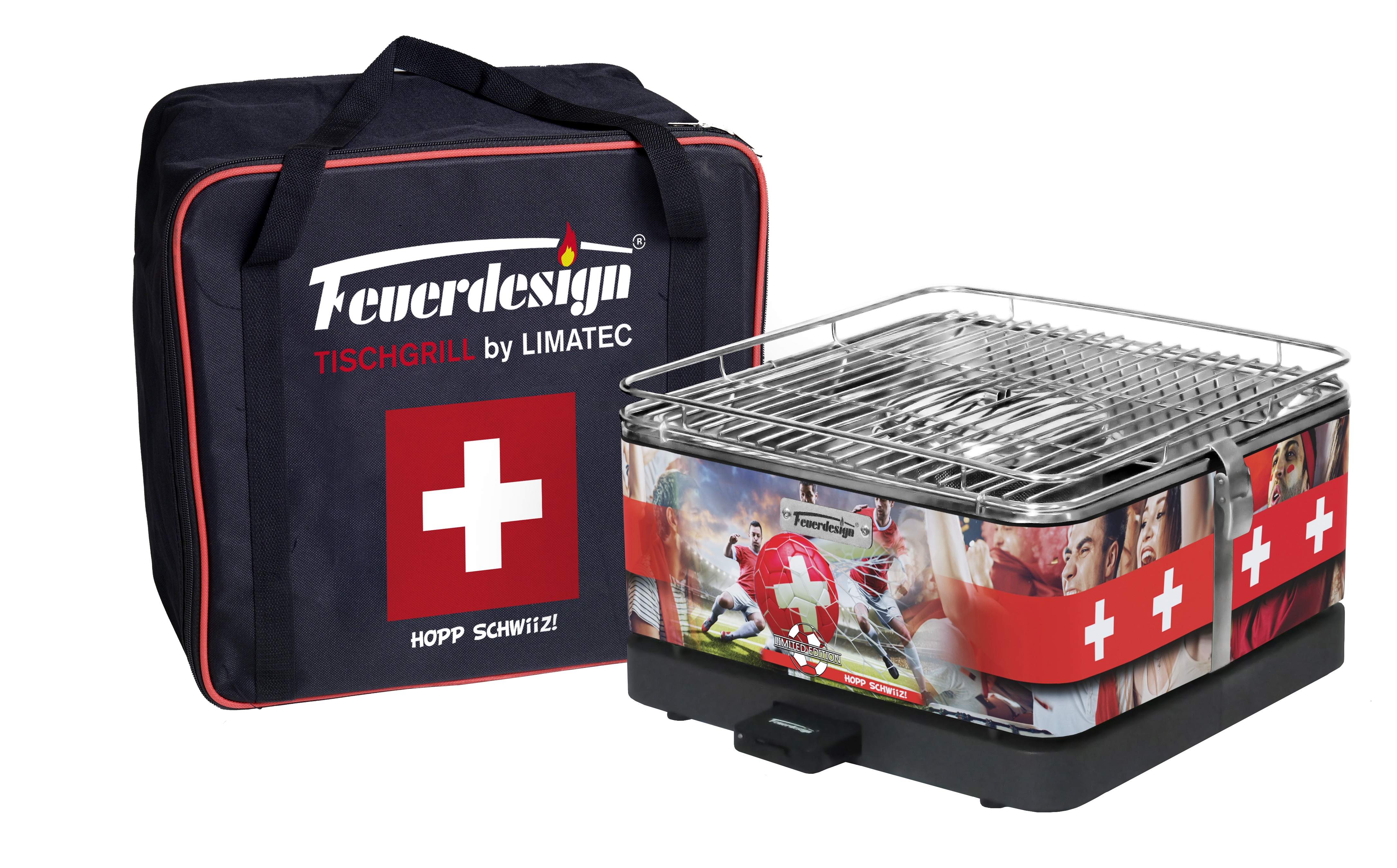 Borsa da trasporto e griglia da tavolo con motivi svizzeri, calciatori e bandiere.