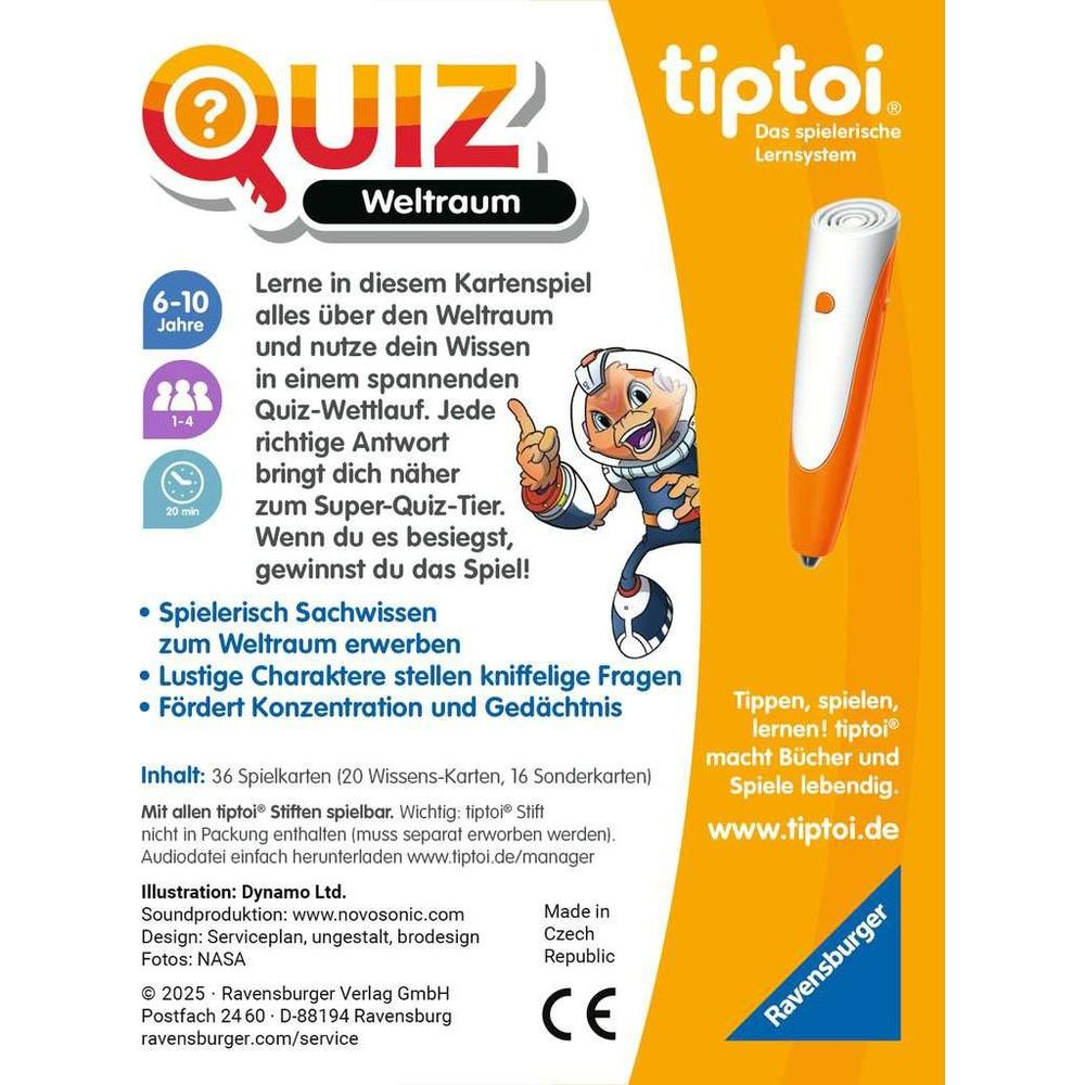 Quiz Weltraum Kartenspiel mit tiptoi Stift. Alter 6-10, 1-4 Spieler, 20 Min.