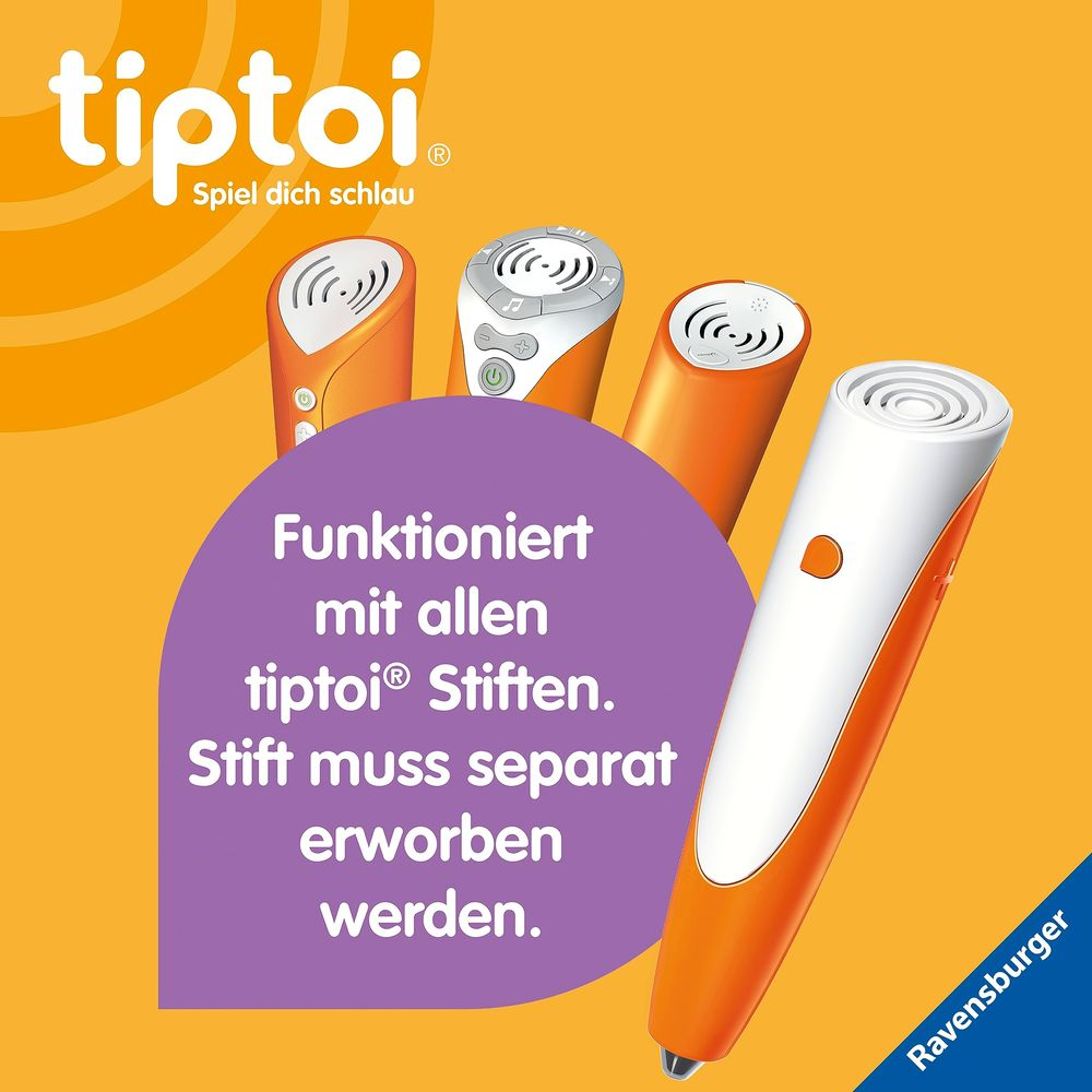 Mehrere orange und weiße tiptoi Stifte, mit Text über ihre Funktion.