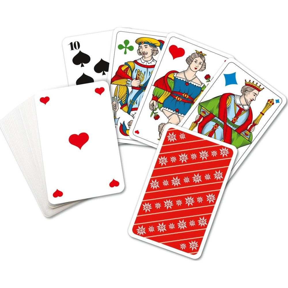 Cartes à jouer avec rois, dames et un dix, sur fond blanc.