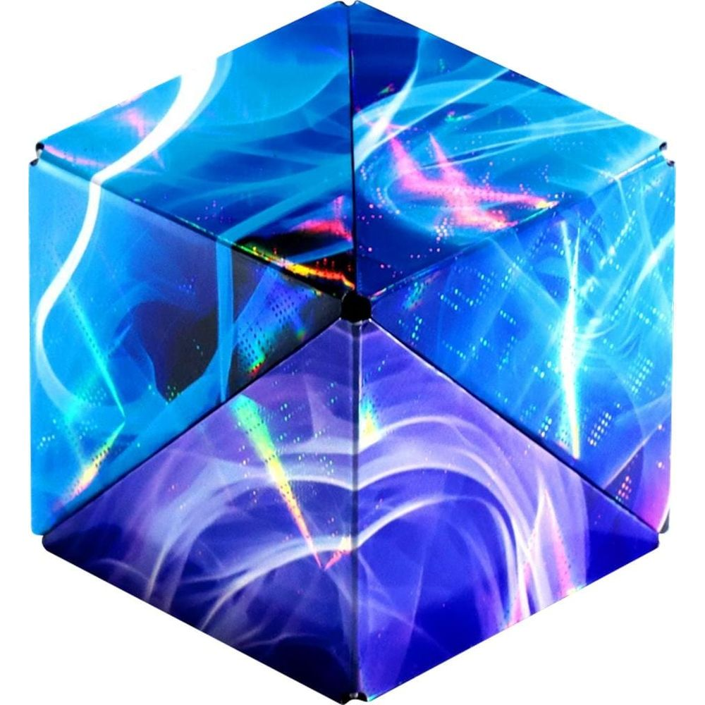 Un cubo esagonale con motivi blu e viola e stelle.