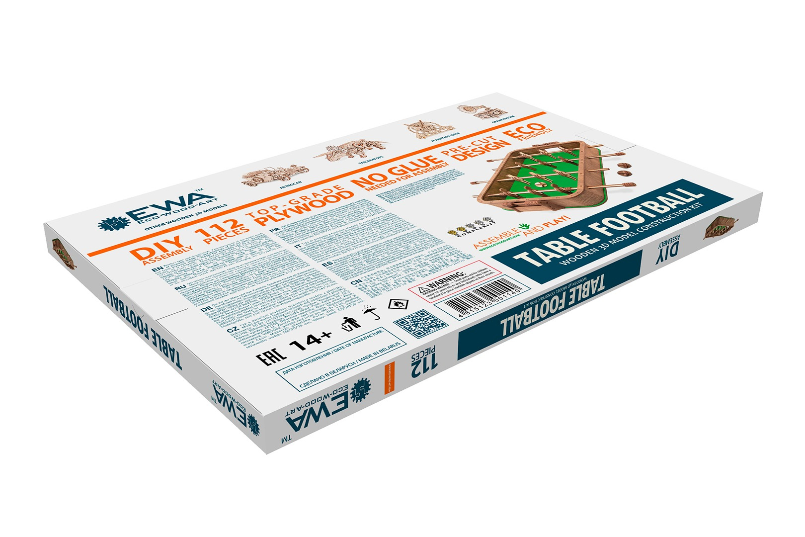 Verpackung eines Tischfußball-Bausatzes aus Holz mit 112 Teilen.