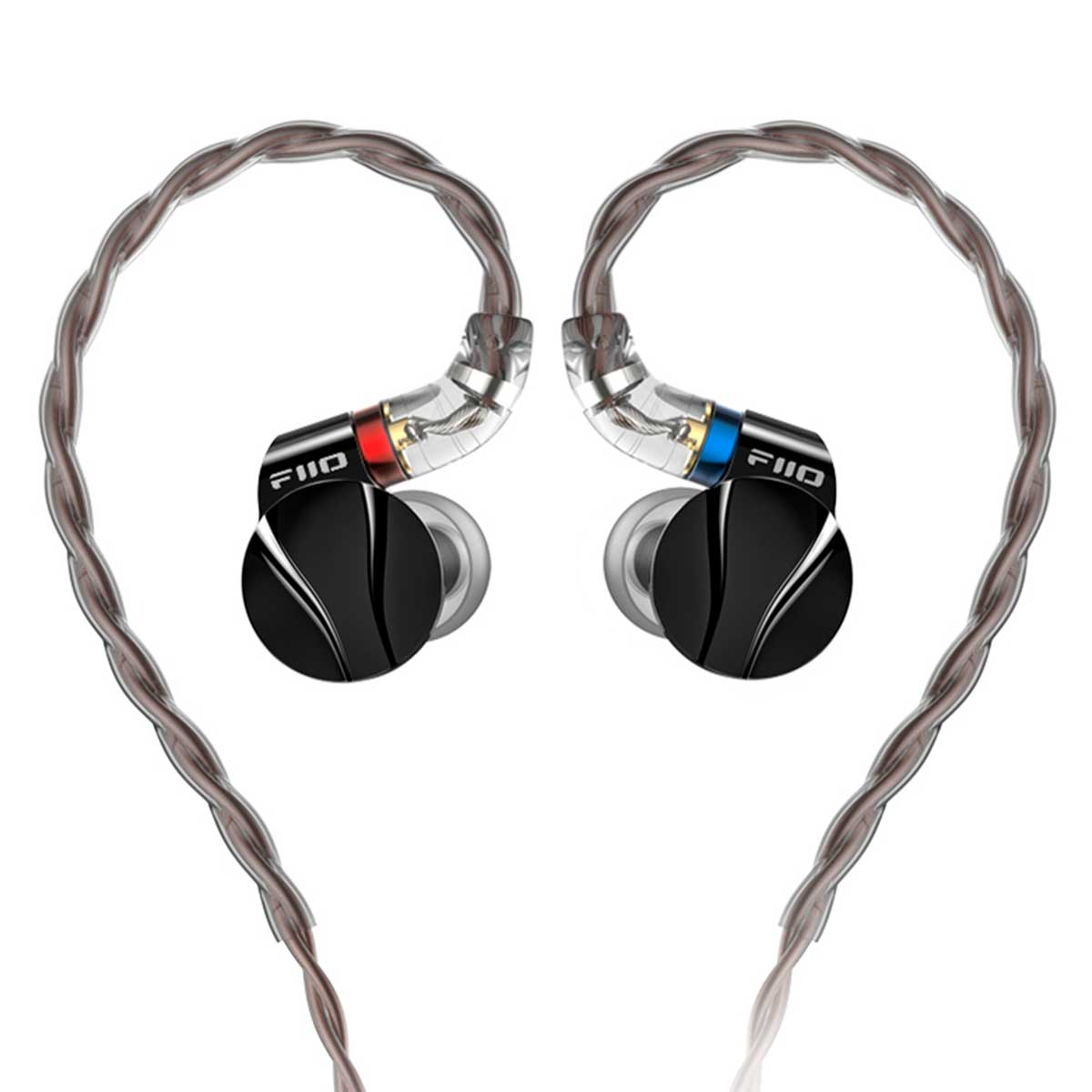 Auricolari neri con custodie trasparenti e fili argentati.