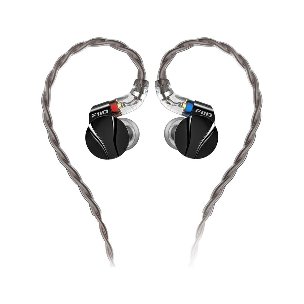 Auricolari neri con cavo argentato su sfondo bianco.