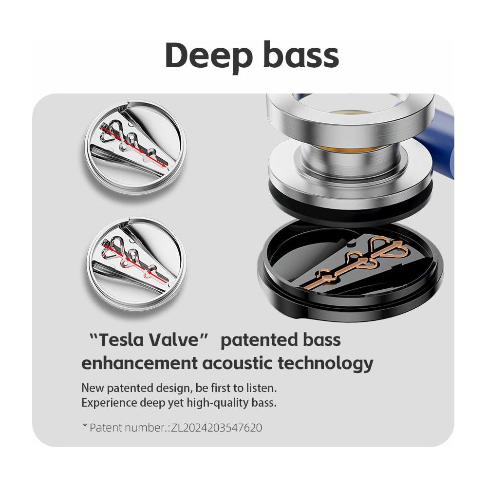 Primo piano di componenti per cuffie, il testo recita "Deep bass" e "Tesla Valve".