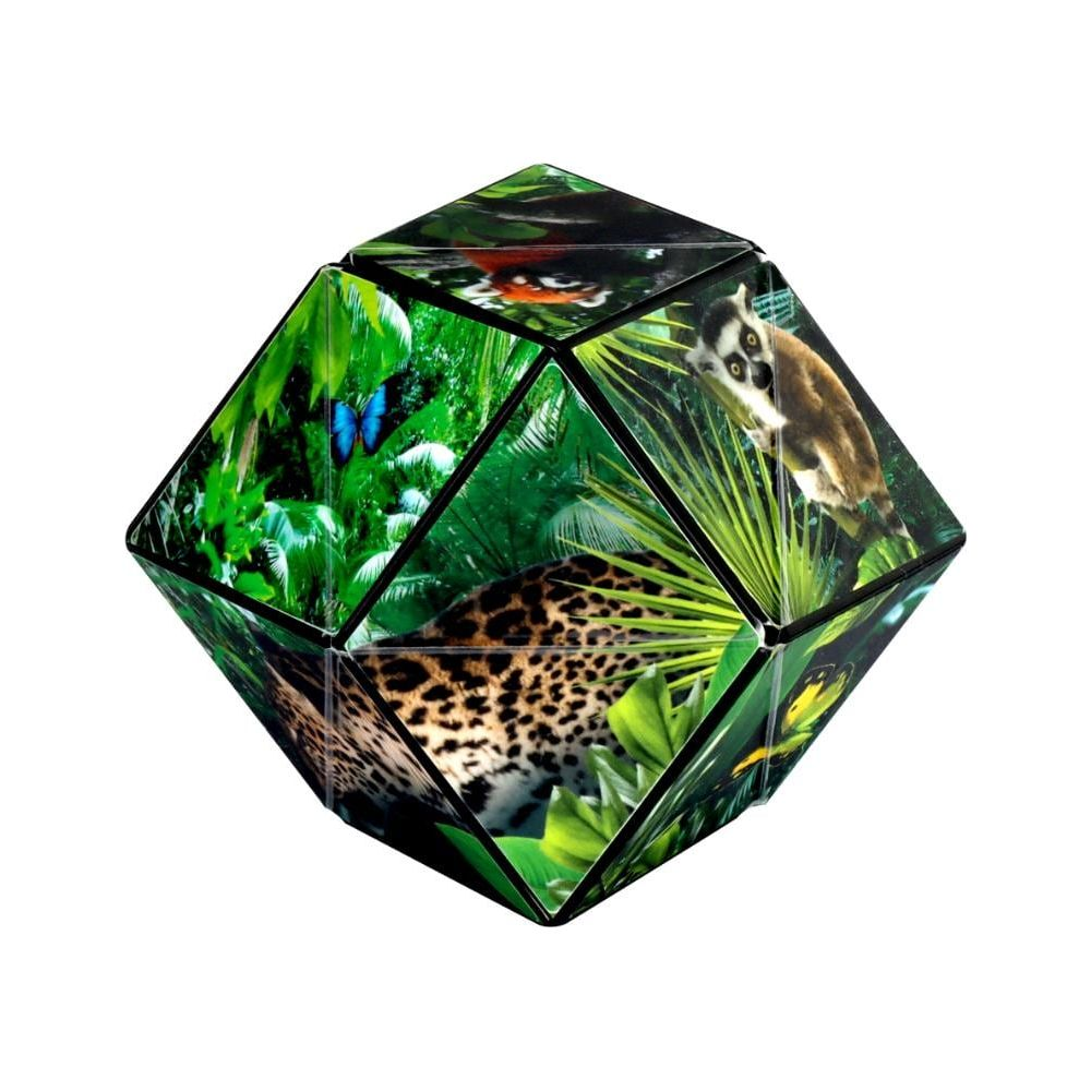 Puzzle geometrico con scene di giungla: leopardo, lemure, farfalla, uccello.