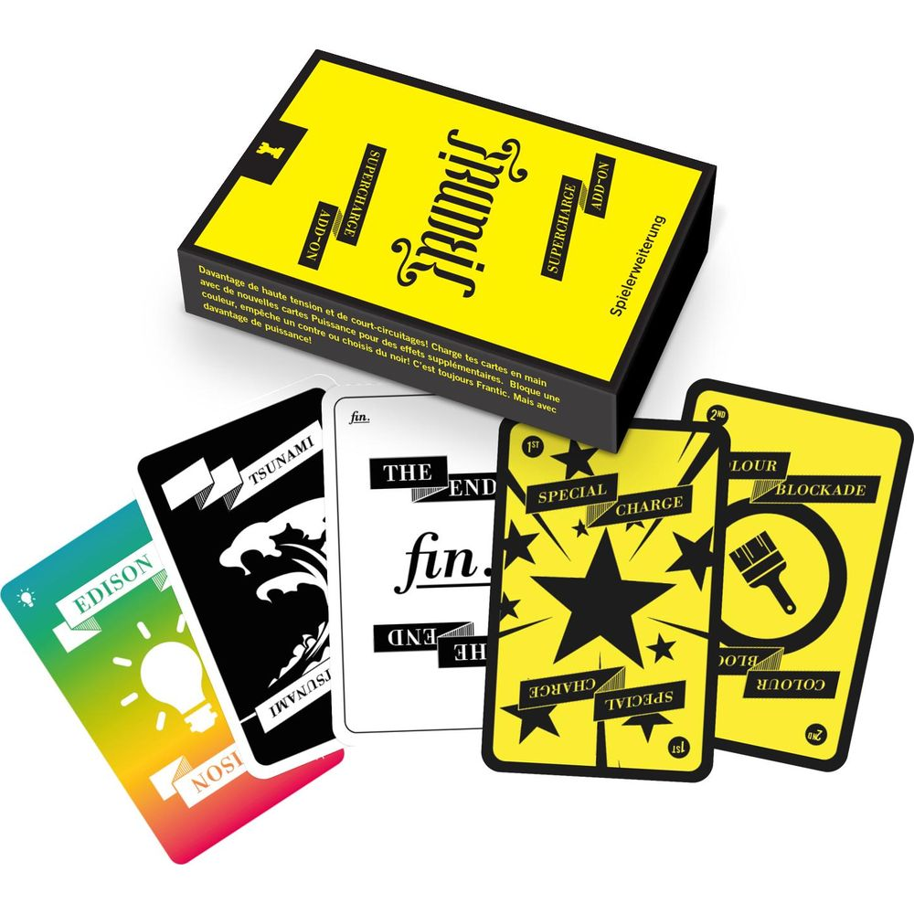 Cartes du jeu Frantic et boîte d'extension. Cartes colorées et noires.