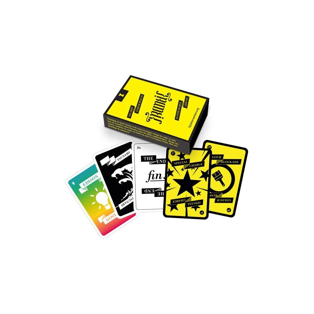 Cartes à jouer et une boîte de jeu avec un couvercle jaune sur une surface blanche.